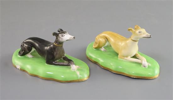 A pair of Copeland & Garrett porcelain figures of greyhounds, c.1833-47, L. 12.3cm, one repired